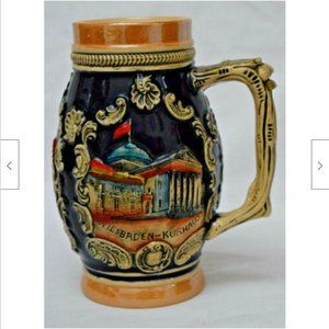 Vintage Beer Stein Germany Frankfur Wiesbaden Kurhaus Ceramic Mug Raised Design